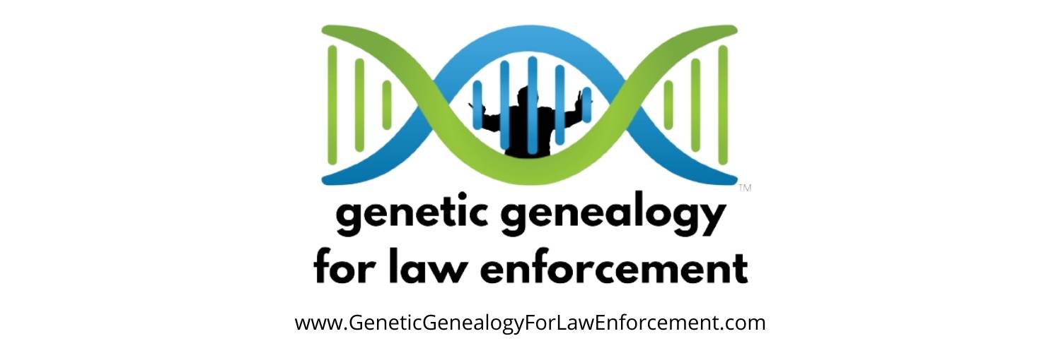 the logo for genetic genealogy for law enforcement services showing a bad guy getting arrested by DNA
