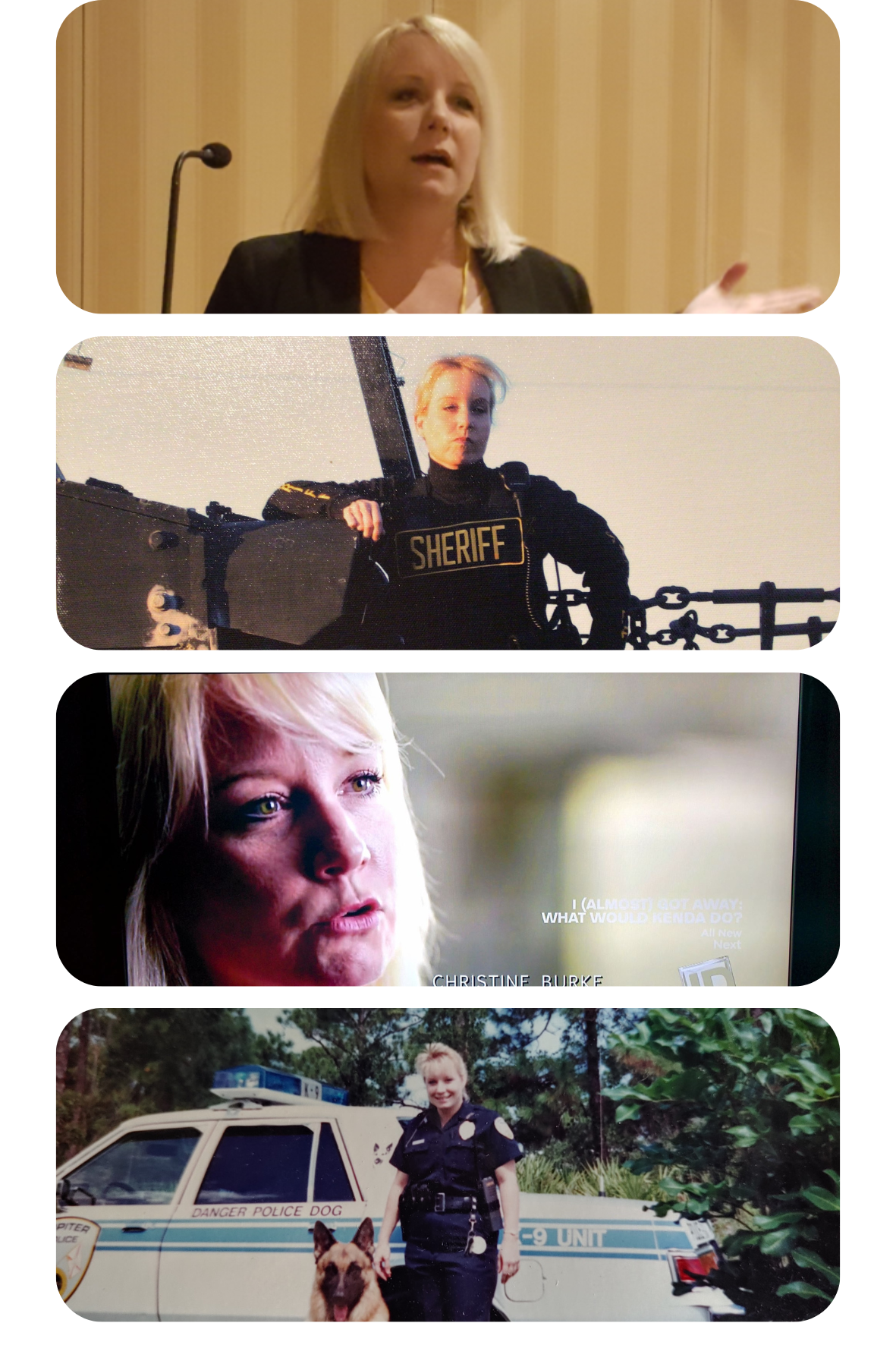 Pictures of christine burke in various career roles, police officer, television actor, speaker.